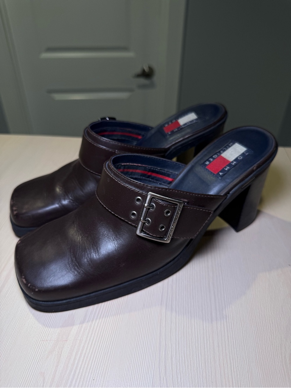 Vintage Tommy Hilfiger Brown Leather Square Toe Clog Buckle Slip-On Mules Sz 7.5